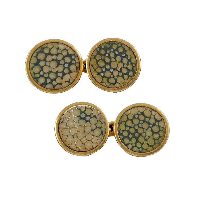 Pair of Art Deco shagreen and gold cufflinks, French c.1920, the circular shagreen panels bordered by gold, linked by a chain connector, | MasterArt